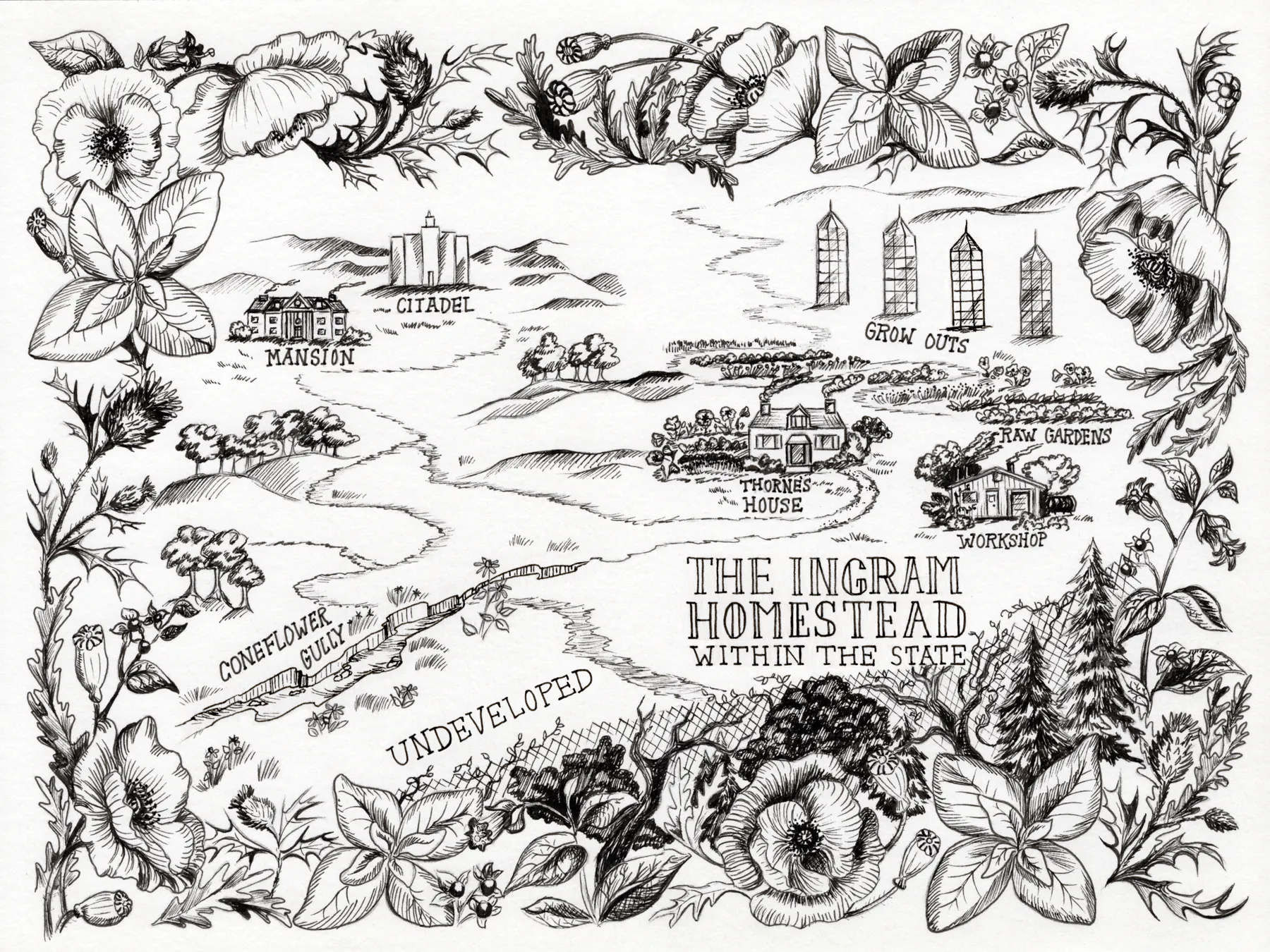 Hand-drawn ink map of the Ingram Homestead within the State
