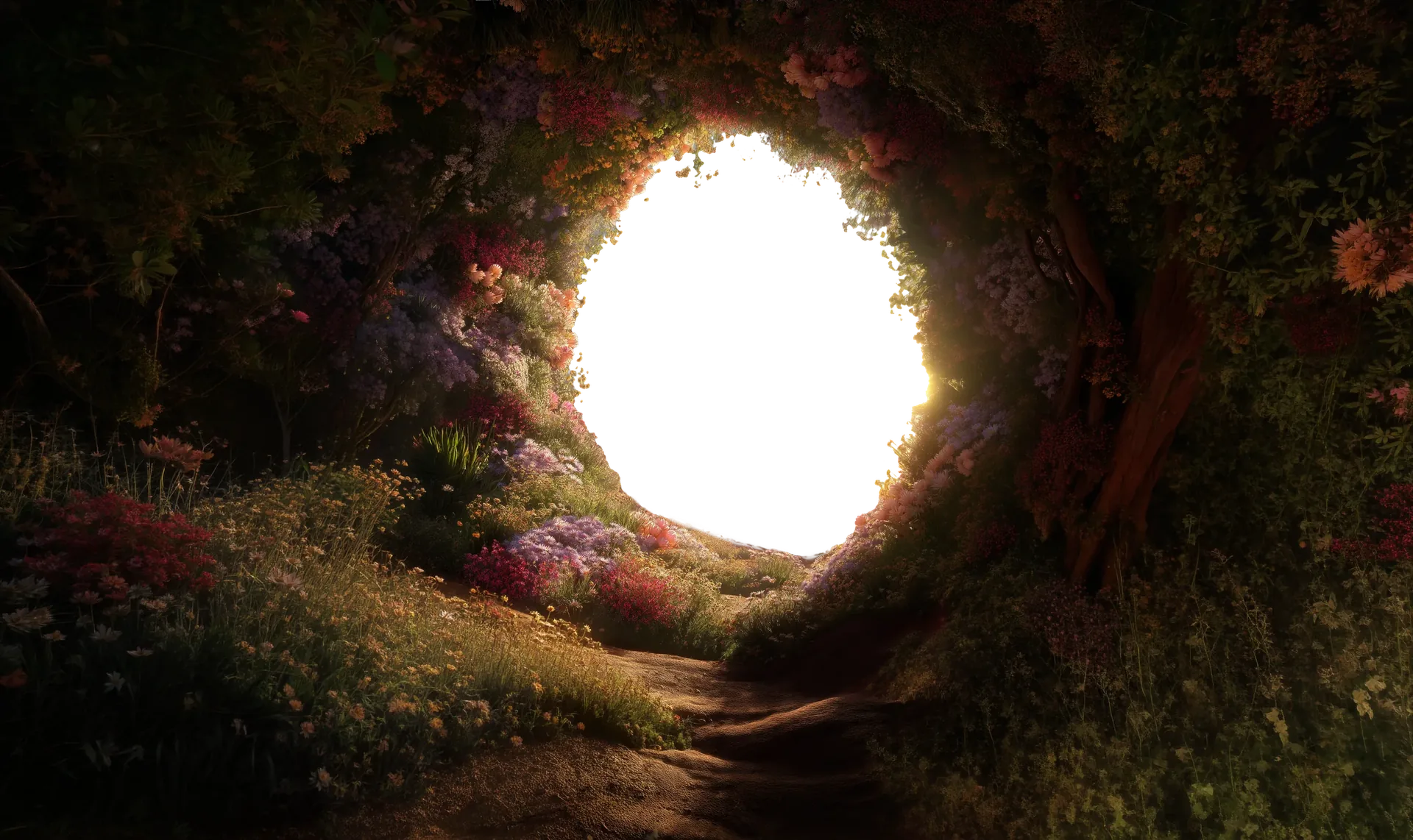 A path leading to an opening in a wall of flowers and trees