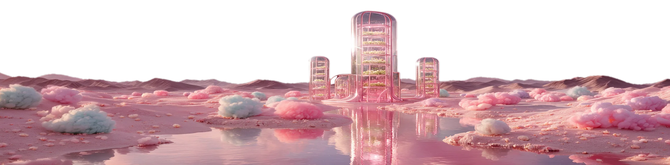 The Grow Out, a glass growing tower under a pastel sky