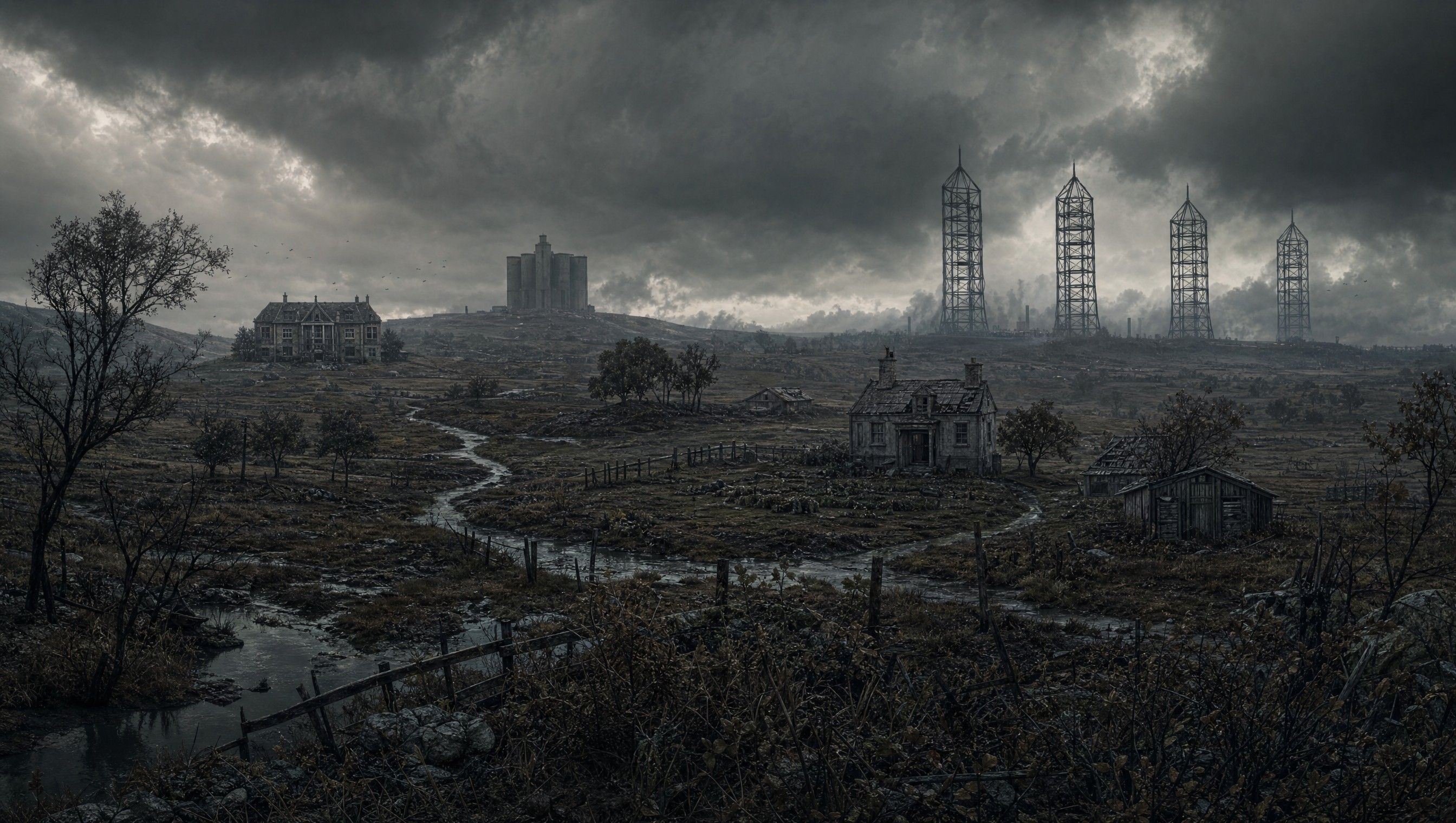 A grey, storm-lit wasteland with a ruined farmhouse and the State's growing towers on the horizon